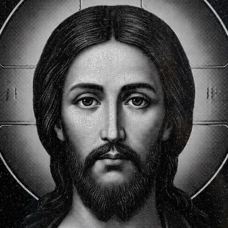 Эскиз иконы: Спас Вседержитель (полутон) — объёмный лик, светотень, гравировка на памятник в Барнауле