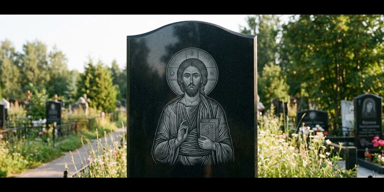 Иконы для гравировки на памятник в Барнауле — образ на стеле из чёрного гранита с ручной доводкой лика