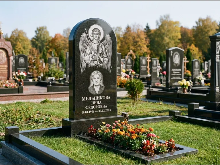 Памятник с гравировкой иконы — икона над портретом усопшего, работа «Журавлёв» в Барнауле