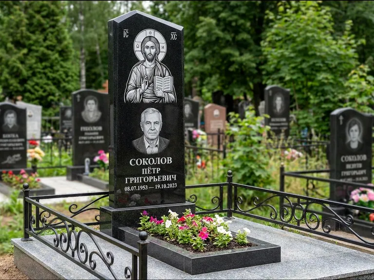 Памятник с гравировкой иконы — образ Николая Чудотворца, работа «Мельникова» в Барнауле