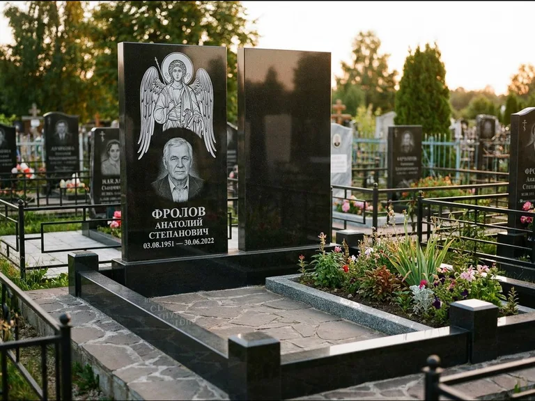 Памятник с гравировкой иконы: стела с резной рамкой вокруг иконы — Архангел Михаил на стеле, белая мраморная крошка с бордюром, работа «Богданова» в Барнауле