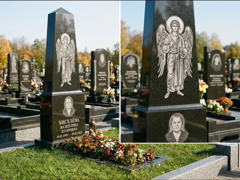 Памятник с гравировкой иконы: асимметричная скошенная стела — гравировка образа Спасителя, живая изгородь из кустарника, работа «Третьяков» в Барнауле