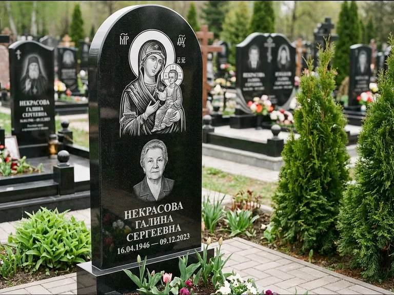 Памятник с гравировкой иконы: фигурная стела с киот-нишей под икону — икона в резной рамке-киоте, светлая гравийная отсыпка, работа «Журавлёв» в Барнауле