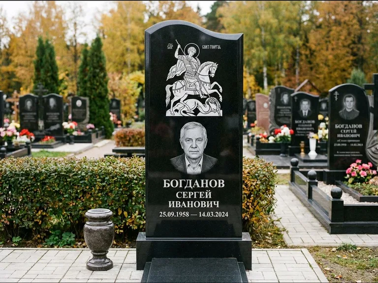 Памятник с гравировкой иконы: монументальный семейный мемориал из двух стел на общем цоколе — гравировка Николая Чудотворца, мощёная гранитная площадка без ограды, работа «Раевская» в Барнауле