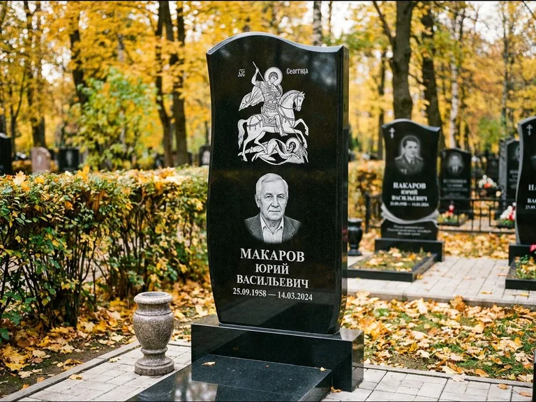 Памятник с гравировкой иконы — икона над портретом усопшего, работа «Раевская» в Барнауле