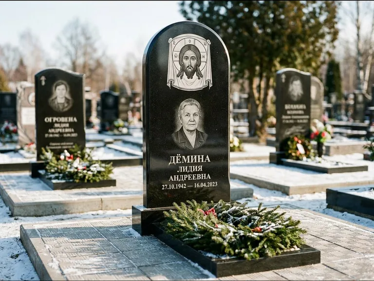 Памятник с гравировкой иконы — икона Спаса Вседержителя над именем усопшего, работа «Ковалёв» в Барнауле