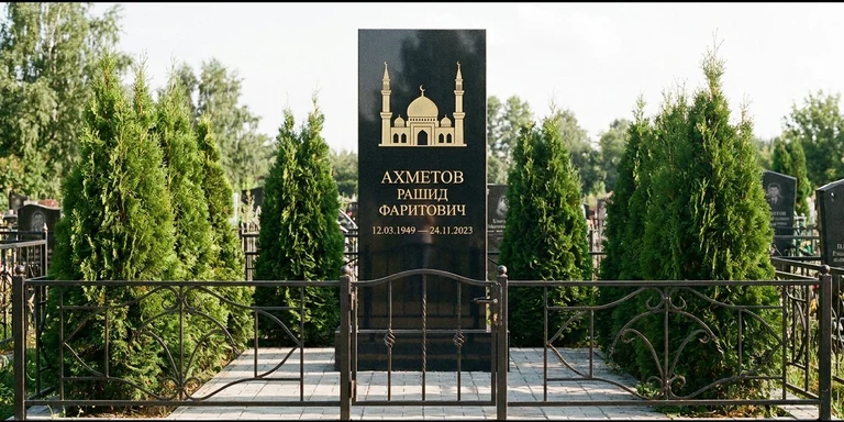 Гравировка мечети на памятник в Барнауле — стела из чёрного гранита, оформление по канонам ислама