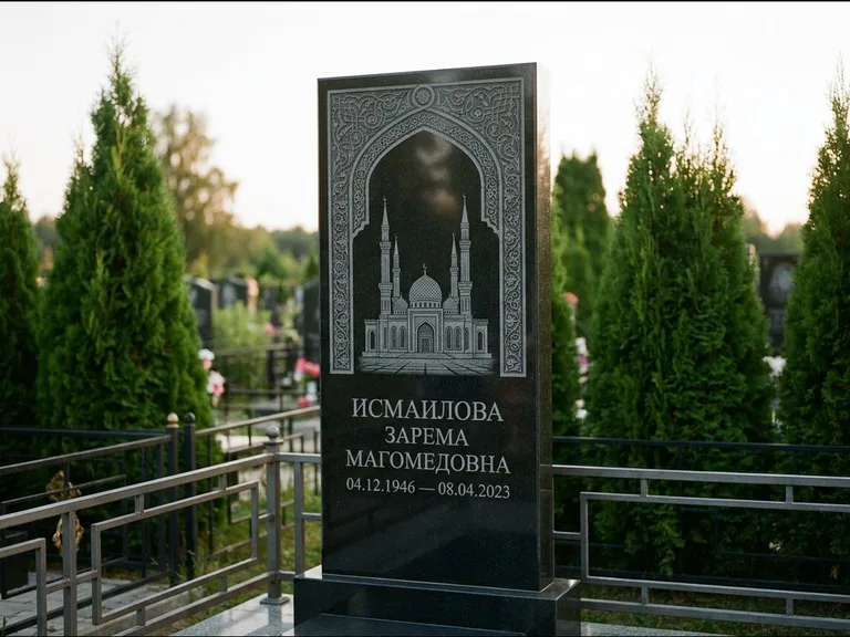 Мусульманский памятник с гравировкой мечети — мечеть в восточной арке с орнаментом, работа «Исмаилова» в Барнауле