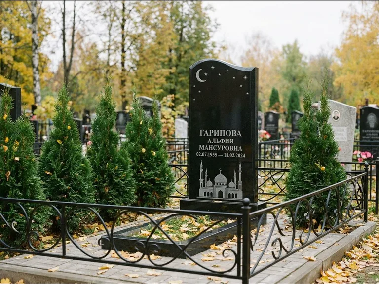 Мусульманский памятник с гравировкой мечети — мечеть с луной в ночном небе, работа «Гарипова» в Барнауле
