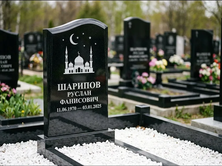 Мусульманский памятник с гравировкой мечети: стела с волнообразным скошенным верхом — гравировка мечети под полумесяцем и звёздами, белая мраморная крошка с бордюром, работа «Шарипов» в Барнауле