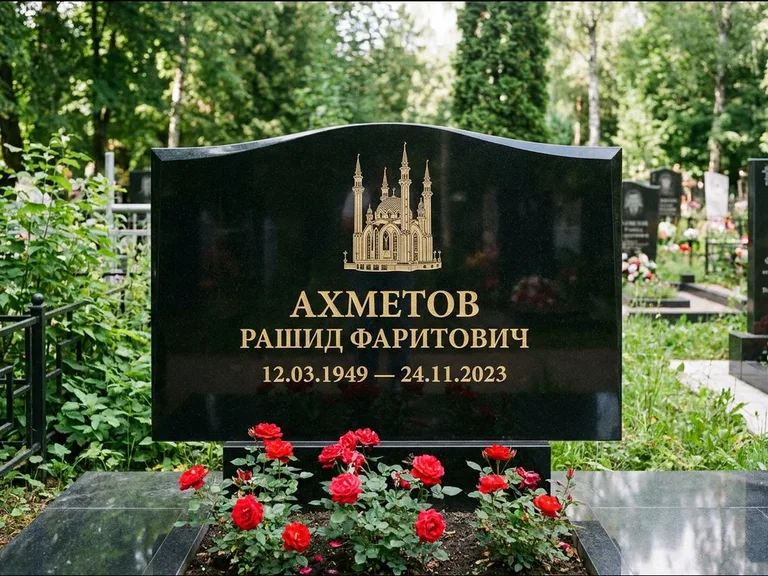 Мусульманский памятник с гравировкой мечети: широкая двойная семейная стела — золочёная гравировка мечети, цветник с красными розами, работа «Ахметов» в Барнауле