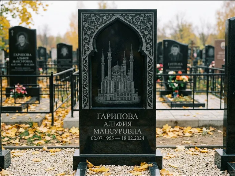 Мусульманский памятник с гравировкой мечети: фигурная стела с михраб-нишей — гравировка мечети в михраб-арке с орнаментом, светлая гравийная отсыпка, работа «Гарипова» в Барнауле