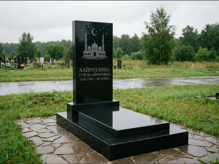 Мусульманский памятник с гравировкой мечети: ступенчатая двухуровневая стела — гравировка мечети под полумесяцем и звёздами, каменная дорожка из плитняка, работа «Хайруллина» в Барнауле