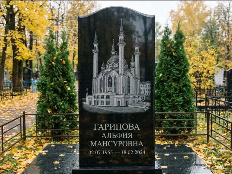Мусульманский памятник с гравировкой мечети — мечеть Кул-Шариф на обороте стелы, работа «Гарипова» в Барнауле