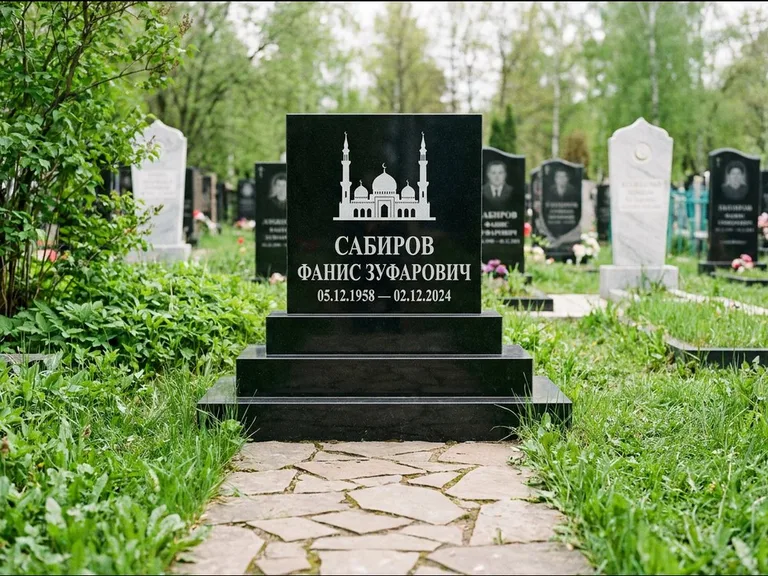 Мусульманский памятник с гравировкой мечети: ступенчатая трёхуровневая стела — золочёная гравировка мечети, дорожка из природного плитняка, работа «Юсупов» в Барнауле