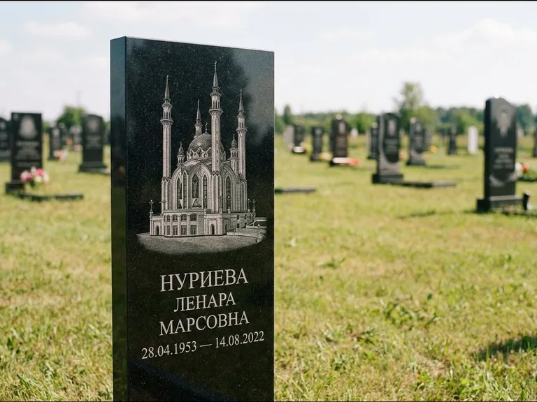 Мусульманский памятник с гравировкой мечети: узкая вертикальная стела-пилон — гравировка мечети в михраб-арке с орнаментом, открытая лужайка без ограды, работа «Хайруллина» в Барнауле