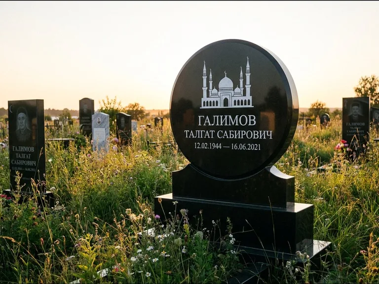 Мусульманский памятник с гравировкой мечети: округлая стела-медальон на тумбе — гравировка мечети в михраб-арке с орнаментом, луговые травы и полевые цветы, работа «Каримов» в Барнауле