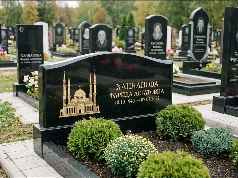 Мусульманский памятник с гравировкой мечети: вытянутая горизонтальная семейная стела с аркой — белая гравировка силуэта мечети с минаретами, участок с декоративными кустами, работа «Гарипова» в Барнауле