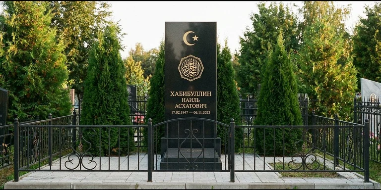 Гравировка на мусульманском памятнике в Барнауле — стела из чёрного гранита, оформление по канонам ислама