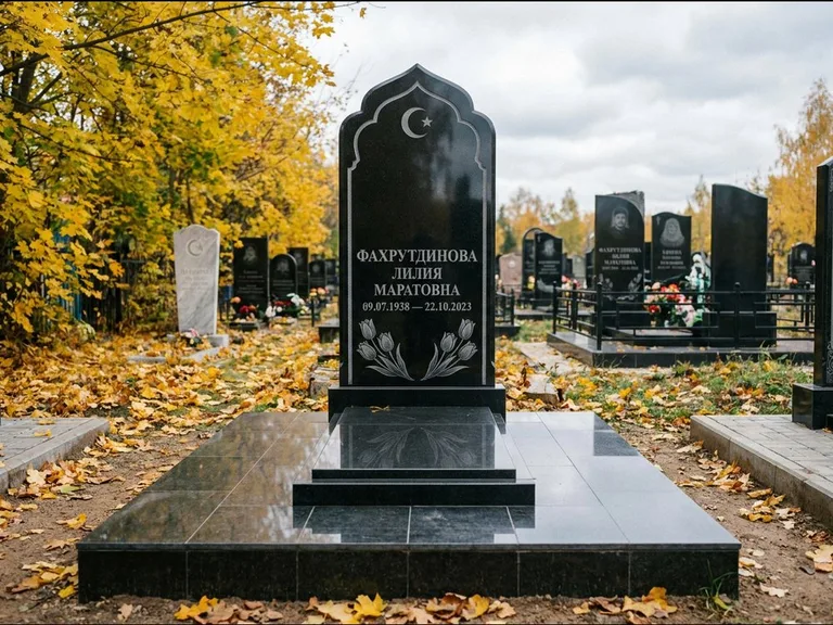 Мусульманский памятник: стела с михраб-навершием в форме арки — гравировка минарета с полумесяцем, гранитный цоколь с тёмной плиткой, работа «Фахрутдинова» в Барнауле