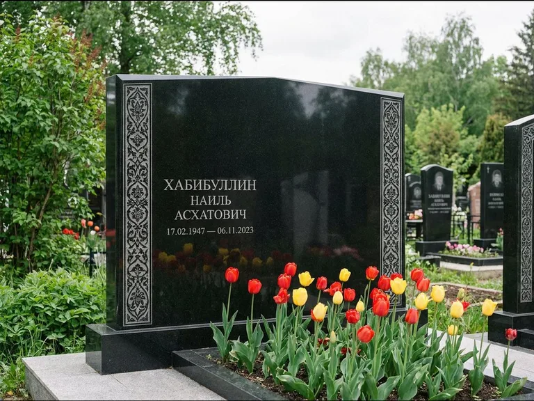 Мусульманский памятник: широкая двойная семейная стела — золочёная гравировка мечети, цветник с тюльпанами, работа «Хабибуллин» в Барнауле