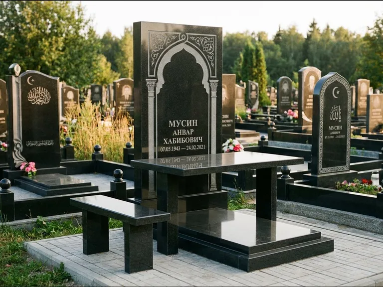 Мусульманский памятник: стела с гранитным столиком и скамьёй — гравировка мечети под полумесяцем и звёздами, семейный участок с плиткой, работа «Гимаев» в Барнауле
