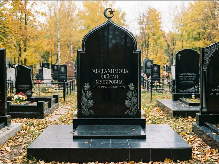 Мусульманский памятник: массивная стела с михраб-навершием — белая гравировка силуэта мечети с минаретами, цоколь тёмной плиткой, работа «Магомедова» в Барнауле