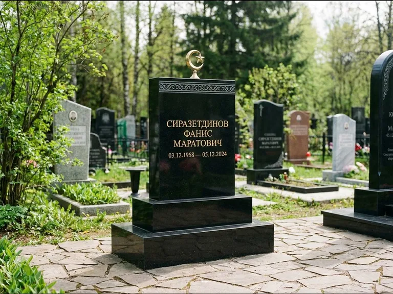 Мусульманский памятник: ступенчатая трёхуровневая стела — золочёная гравировка мечети, дорожка из природного плитняка, работа «Мустафин» в Барнауле
