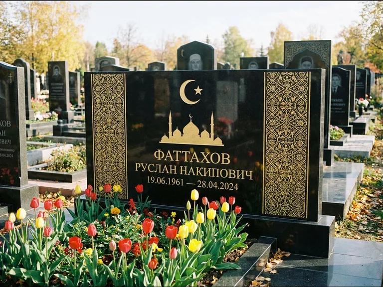 Мусульманский памятник: широкая панорамная стела с золочёным орнаментом — гравировка минарета с полумесяцем, цветник с тюльпанами, работа «Сулейманов» в Барнауле