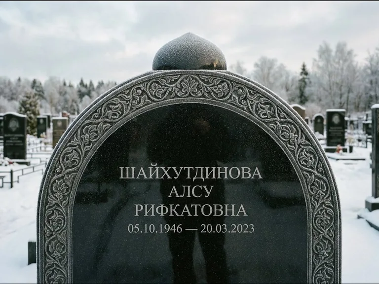 Мусульманский памятник: полукруглая стела с купольным навершием — гравировка мечети под полумесяцем и звёздами, заснеженный зимний участок, работа «Ганиева» в Барнауле