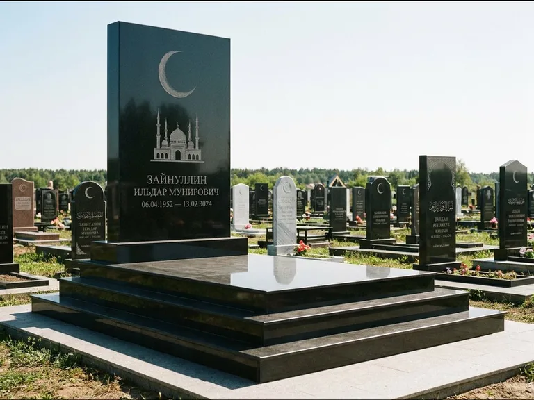 Мусульманский памятник: массивная стела на ступенчатом постаменте — гравировка мечети под полумесяцем и звёздами, гранитная площадка без ограды, работа «Хабибуллин» в Барнауле