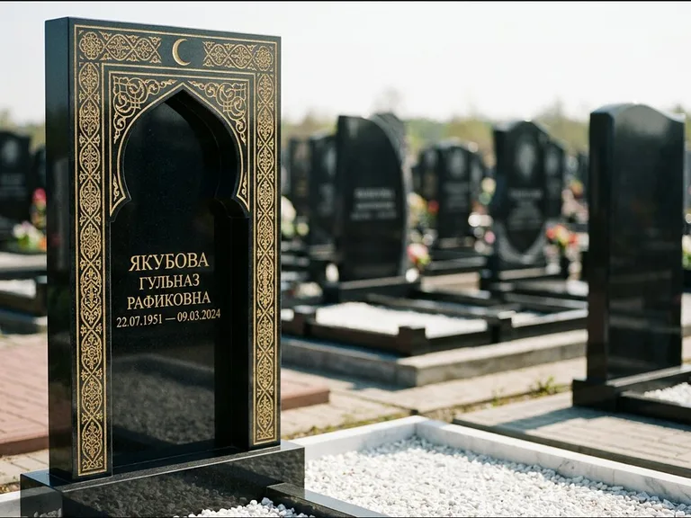 Мусульманский памятник: стела в форме михраба с глубокой нишей и золочёным орнаментом — детализированная гравировка мечети Кул-Шариф, участок с белой мраморной крошкой, работа «Мустафин» в Барнауле