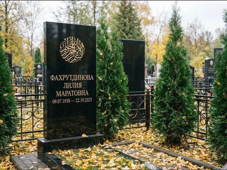 Мусульманский памятник — шахада в верхней части стелы, работа «Фахрутдинова» в Барнауле