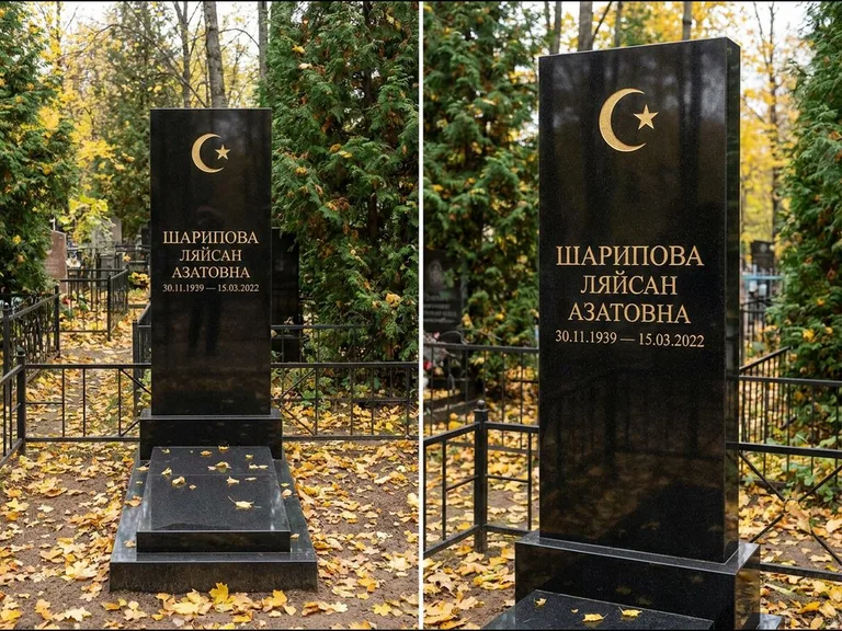 Памятник с гравировкой полумесяца — золочёная гравировка полумесяца со звездой в верхней части с, работа «Шарипова» в Барнауле