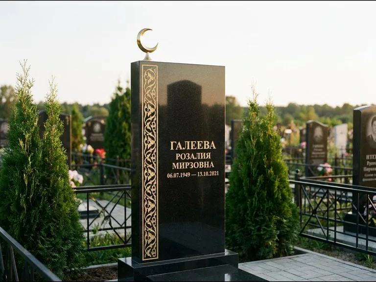 Памятник с гравировкой полумесяца — золочёный полумесяц и колонна растительного орнамента-ислими, работа «Галеева» в Барнауле