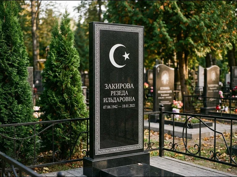 Памятник с гравировкой полумесяца — строгая белая гравировка полумесяца со звездой и орнаменталь, работа «Закирова» в Барнауле