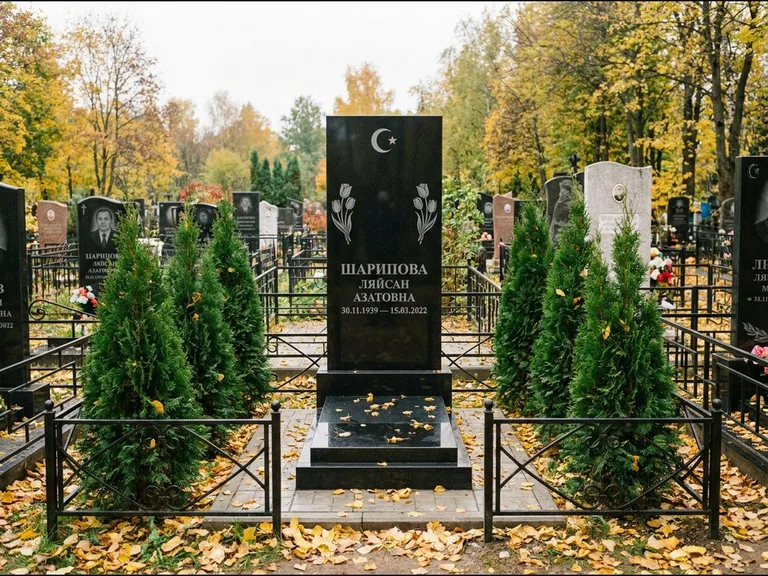 Памятник с гравировкой полумесяца — гравировка полумесяца со звездой и тюльпанами по бокам, работа «Шарипова» в Барнауле