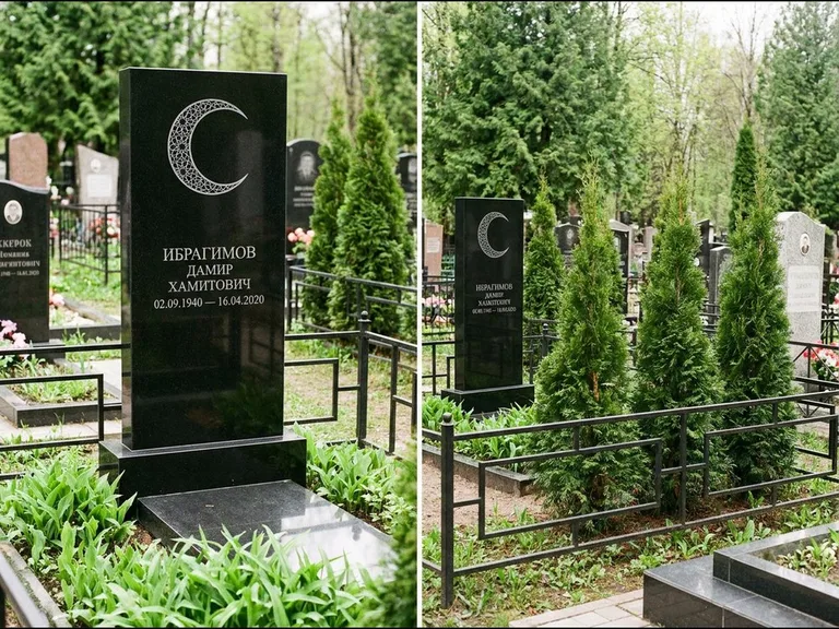 Памятник с гравировкой полумесяца — гравировка полумесяца в геометрическом орнаменте-гирихе, работа «Ибрагимов» в Барнауле