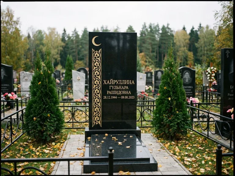 Памятник с гравировкой полумесяца — золочёный полумесяц и колонна растительного орнамента-ислими, работа «Хайруллина» в Барнауле