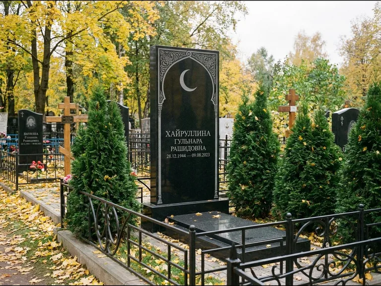 Памятник с гравировкой полумесяца — гравировка полумесяца в восточной арке с орнаментом, работа «Хайруллина» в Барнауле