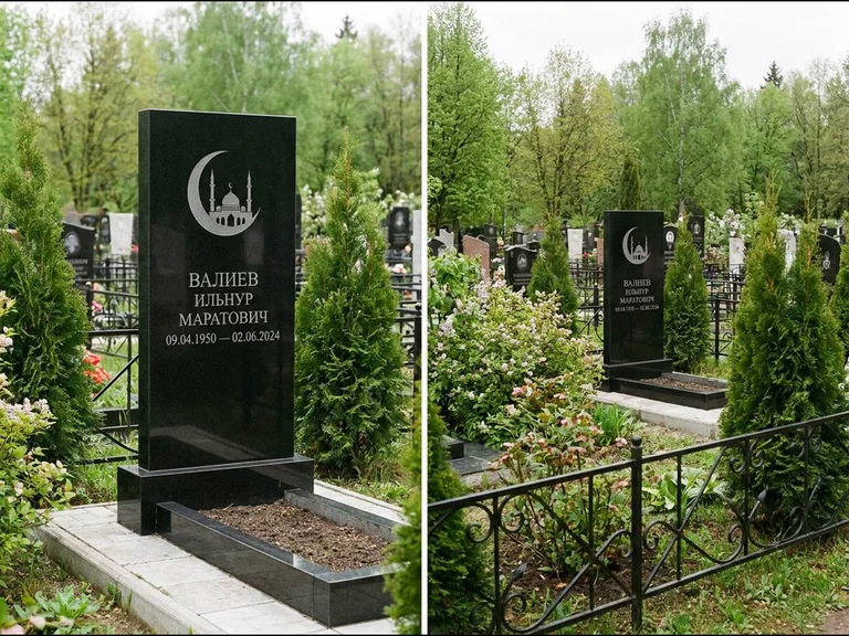 Памятник с гравировкой полумесяца — гравировка полумесяца над силуэтом мечети, работа «Валиев» в Барнауле
