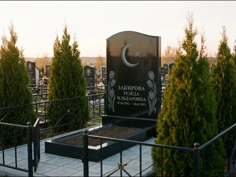 Памятник с гравировкой полумесяца — гравировка полумесяца со звездой и тюльпанами по бокам, работа «Закирова» в Барнауле