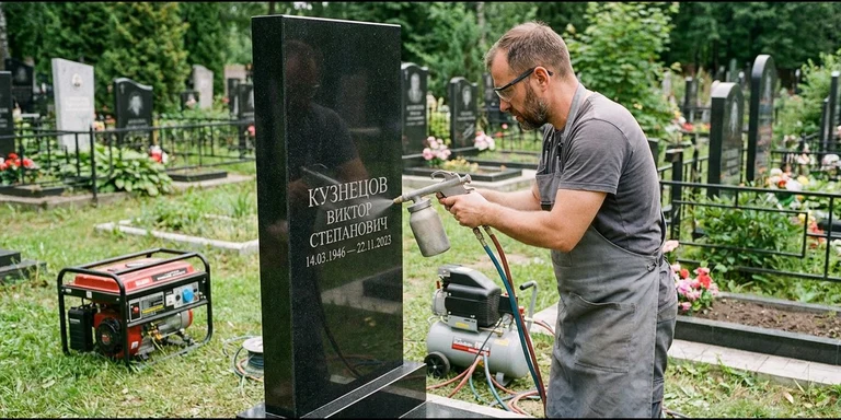 Гравировка на памятнике с выездом на кладбище в Барнауле — мастер гравирует установленный памятник