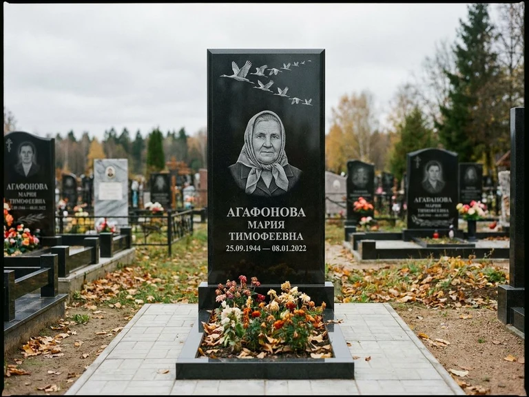 Гравировка журавлей на памятник в Барнауле — памятник из чёрного гранита с гравировкой