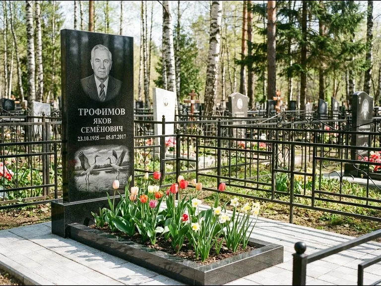 Памятник с гравировкой журавлей — гравировка пары журавлей над гладью озера в нижней части, работа «Трофимов» в Барнауле