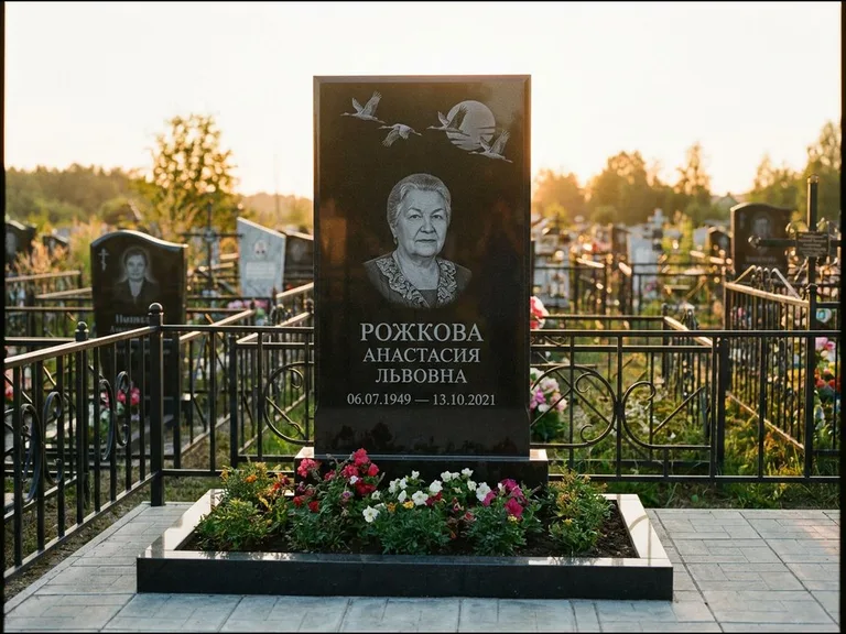 Памятник с гравировкой журавлей — гравировка клина журавлей на фоне солнечного диска, работа «Рожкова» в Барнауле