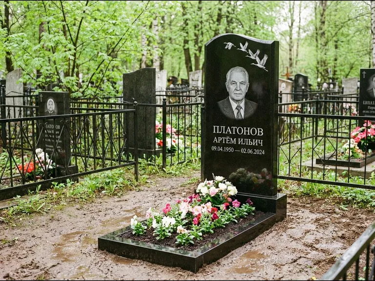 Памятник с гравировкой журавлей — белая гравировка клина журавлей, уходящего в верхний угол ст, работа «Платонов» в Барнауле