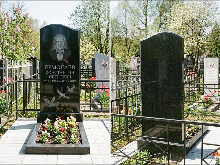 Памятник с гравировкой журавлей — гравировка трёх журавлей по диагонали через свободное поле с, работа «Ермолаев» в Барнауле