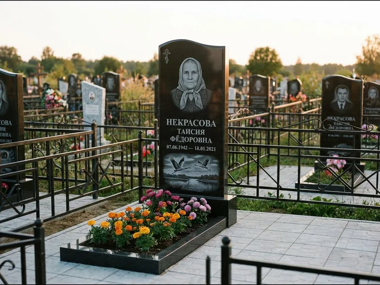 Памятник с гравировкой журавлей — гравировка пары журавлей над гладью озера в нижней части, работа «Некрасова» в Барнауле
