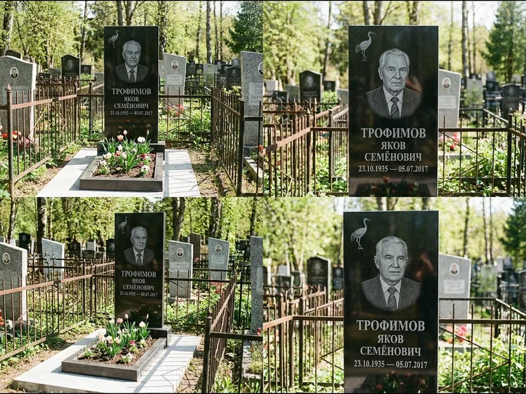 Памятник с гравировкой журавлей — гравировка одиночного летящего журавля над портретом, работа «Трофимов» в Барнауле